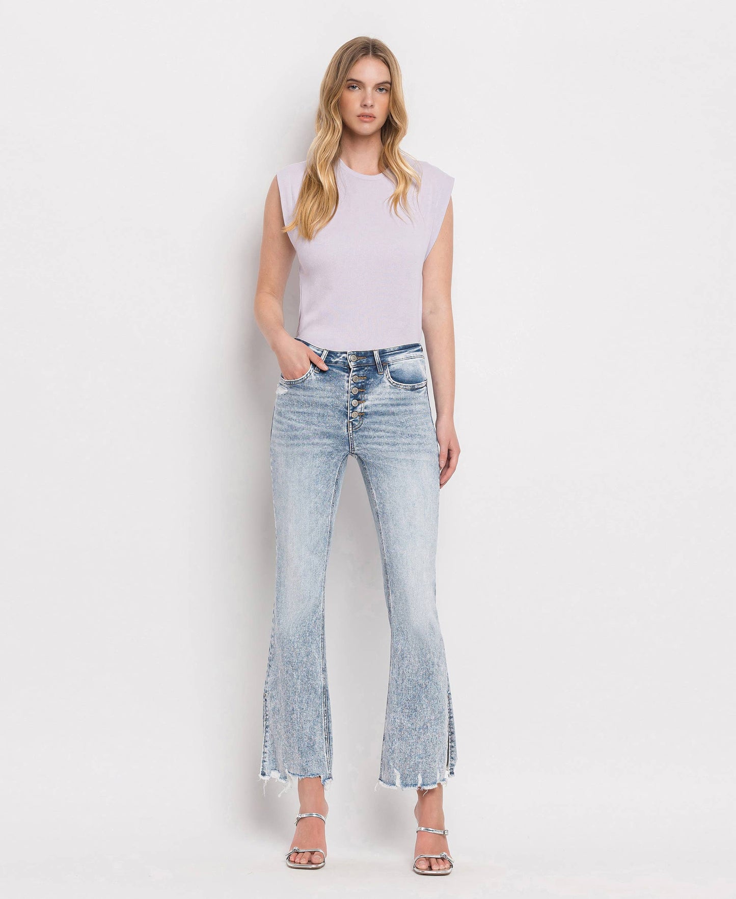 Blue High Rise Side Slit Crop Flare Jeans