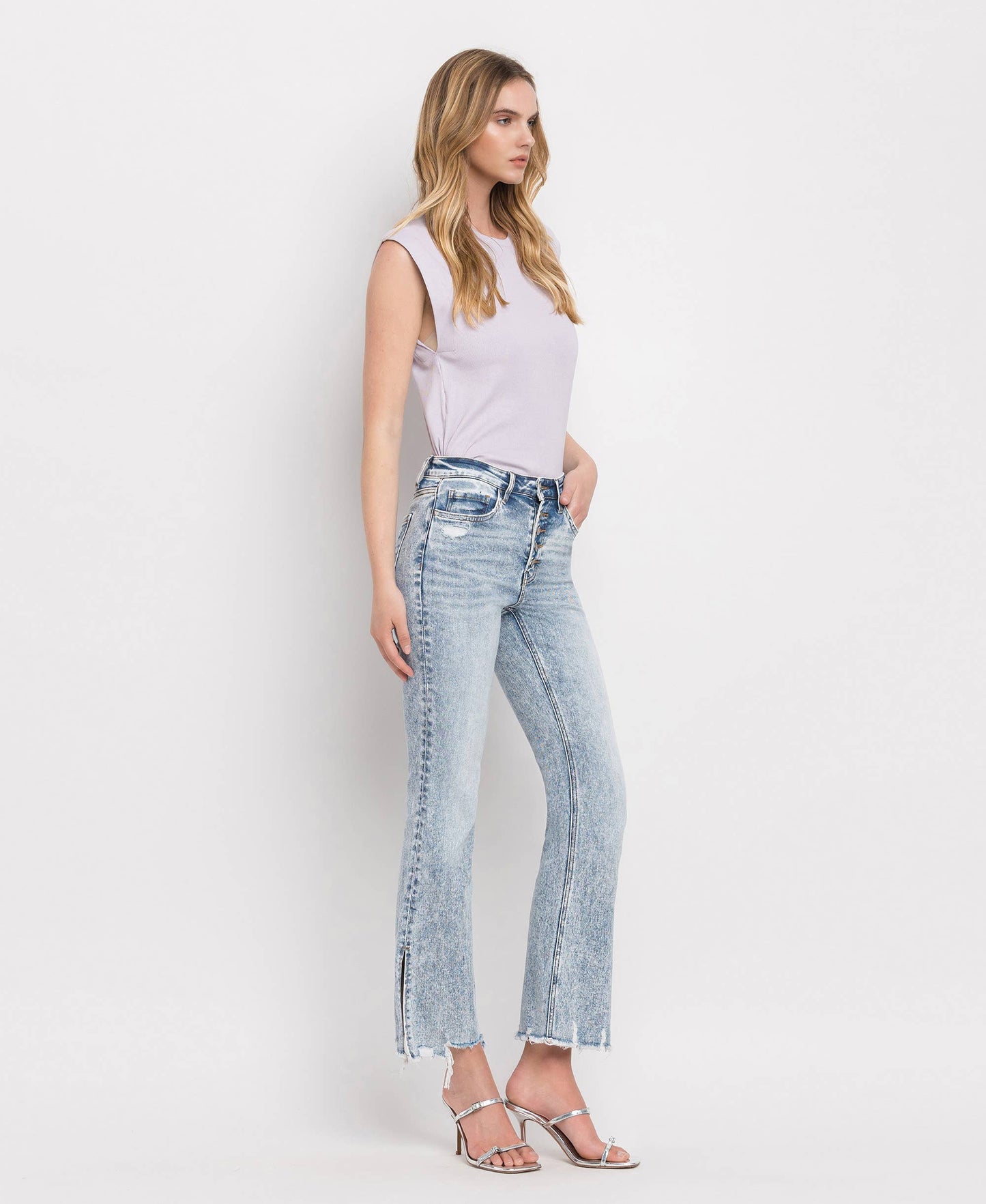 Blue High Rise Side Slit Crop Flare Jeans