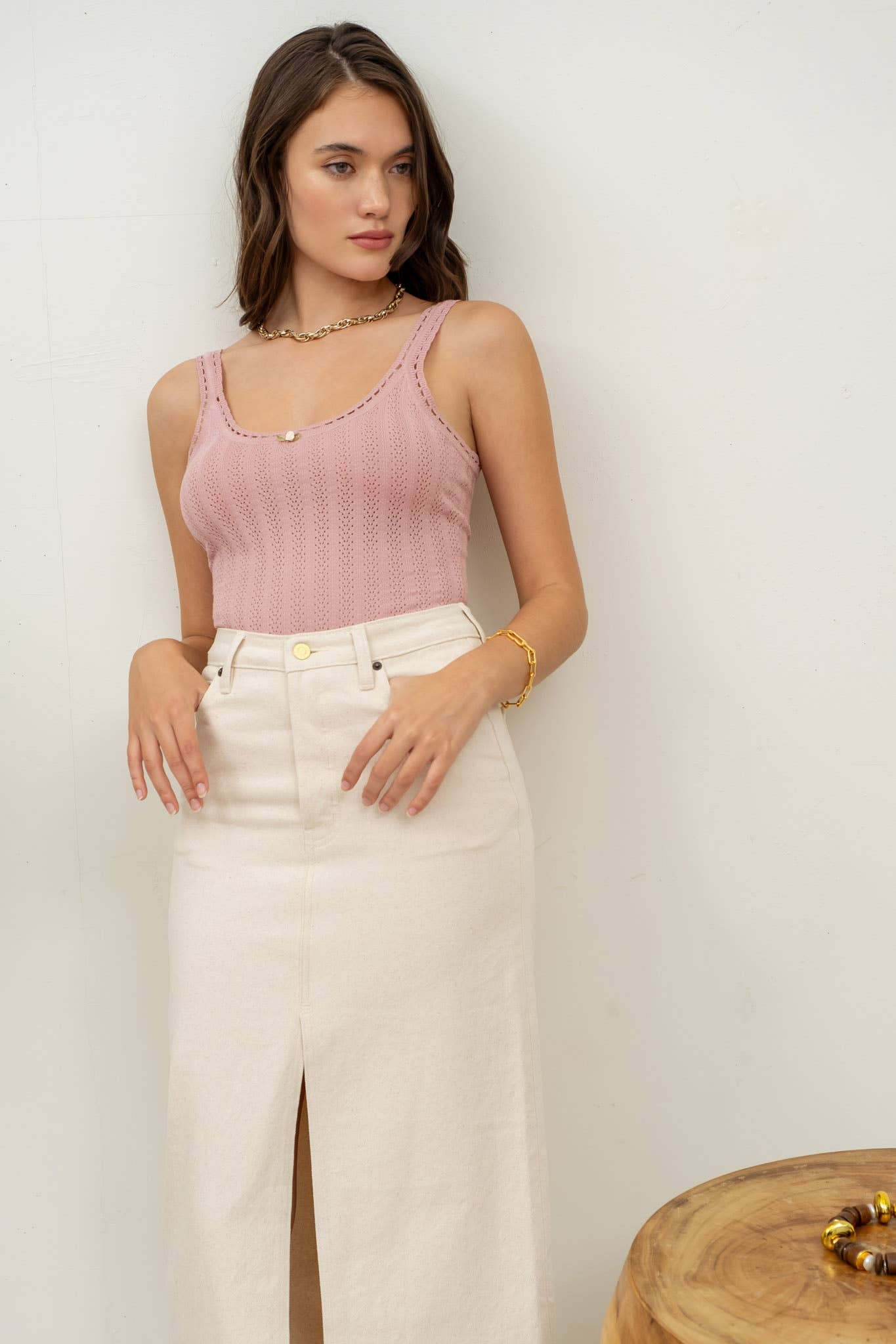 Summer Pointelle Rosette Knit Tank Top