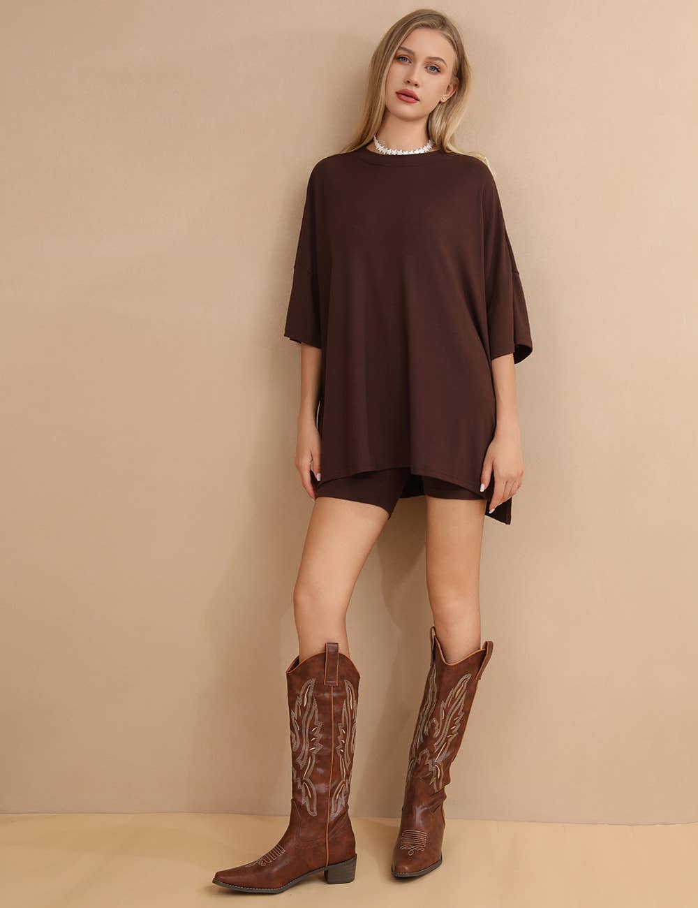 Chocolate Brown Dolman Sleeve Two-Piece Biker Short Set