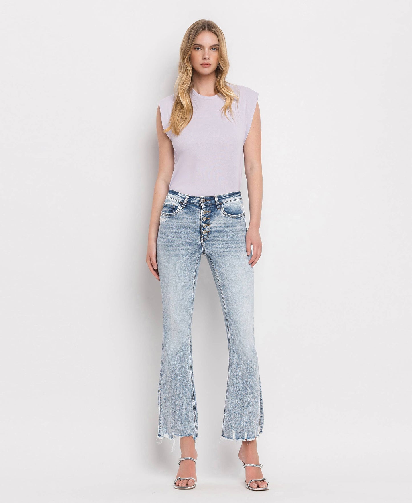 Blue High Rise Side Slit Crop Flare Jeans