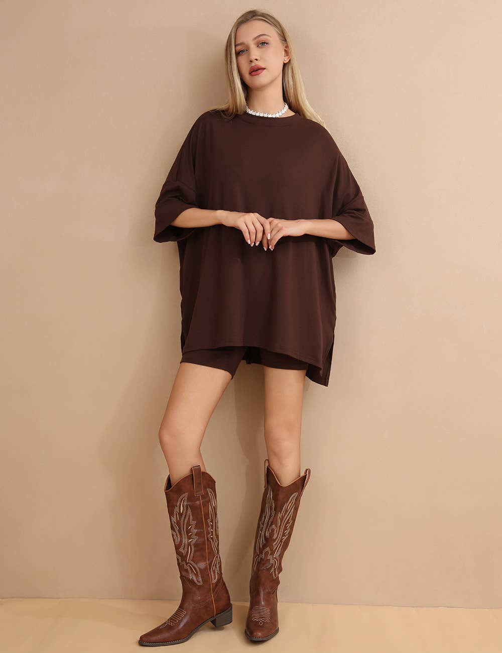 Chocolate Brown Dolman Sleeve Two-Piece Biker Short Set