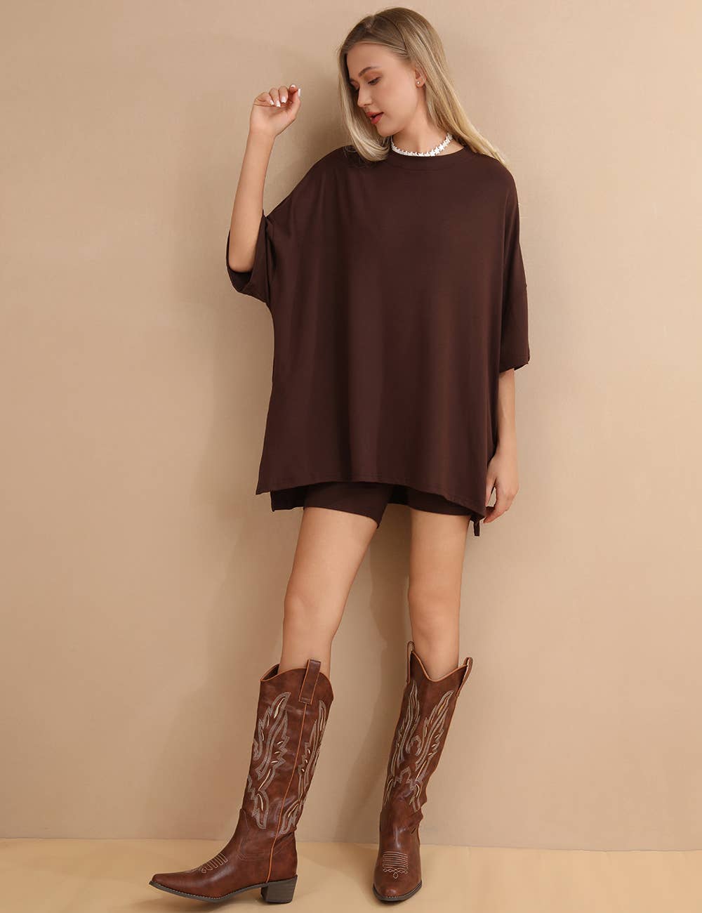Chocolate Brown Dolman Sleeve Two-Piece Biker Short Set