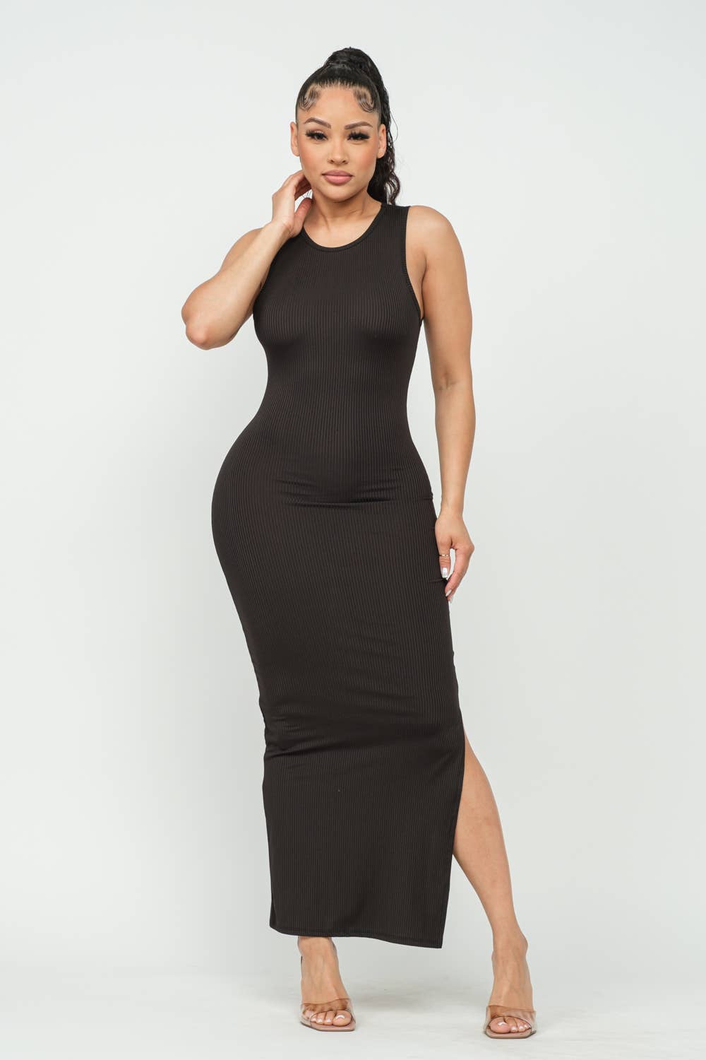Black Rib Side Slit Bodycon Maxi Dress
