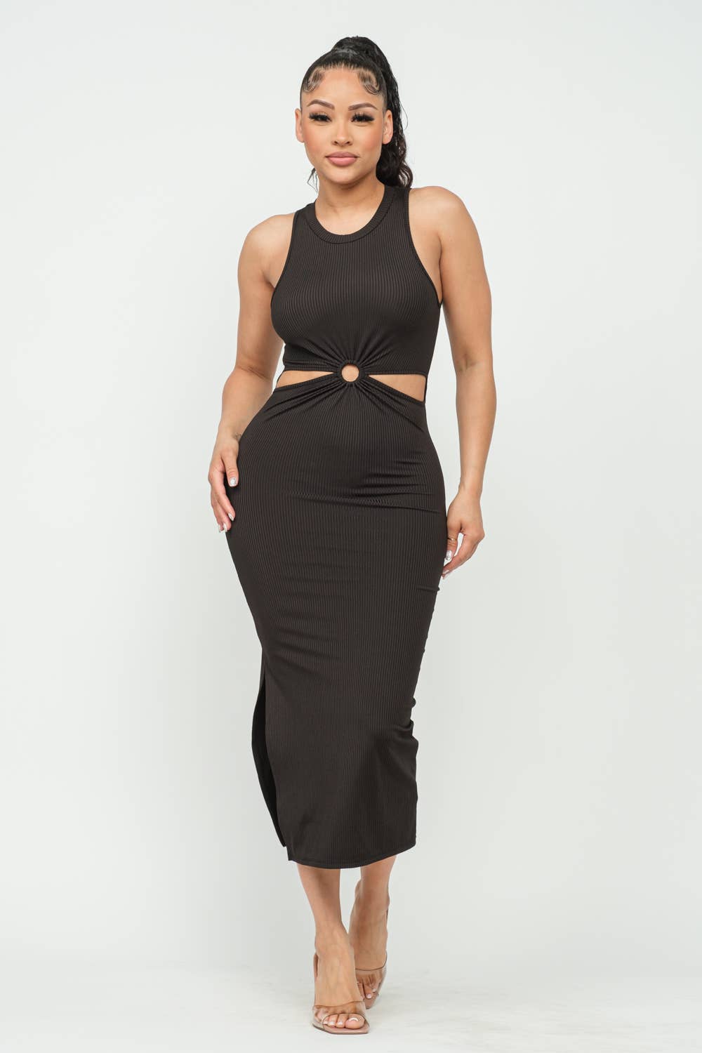 Black Front O-Ring Cut Out Side Slit Maxi Dress