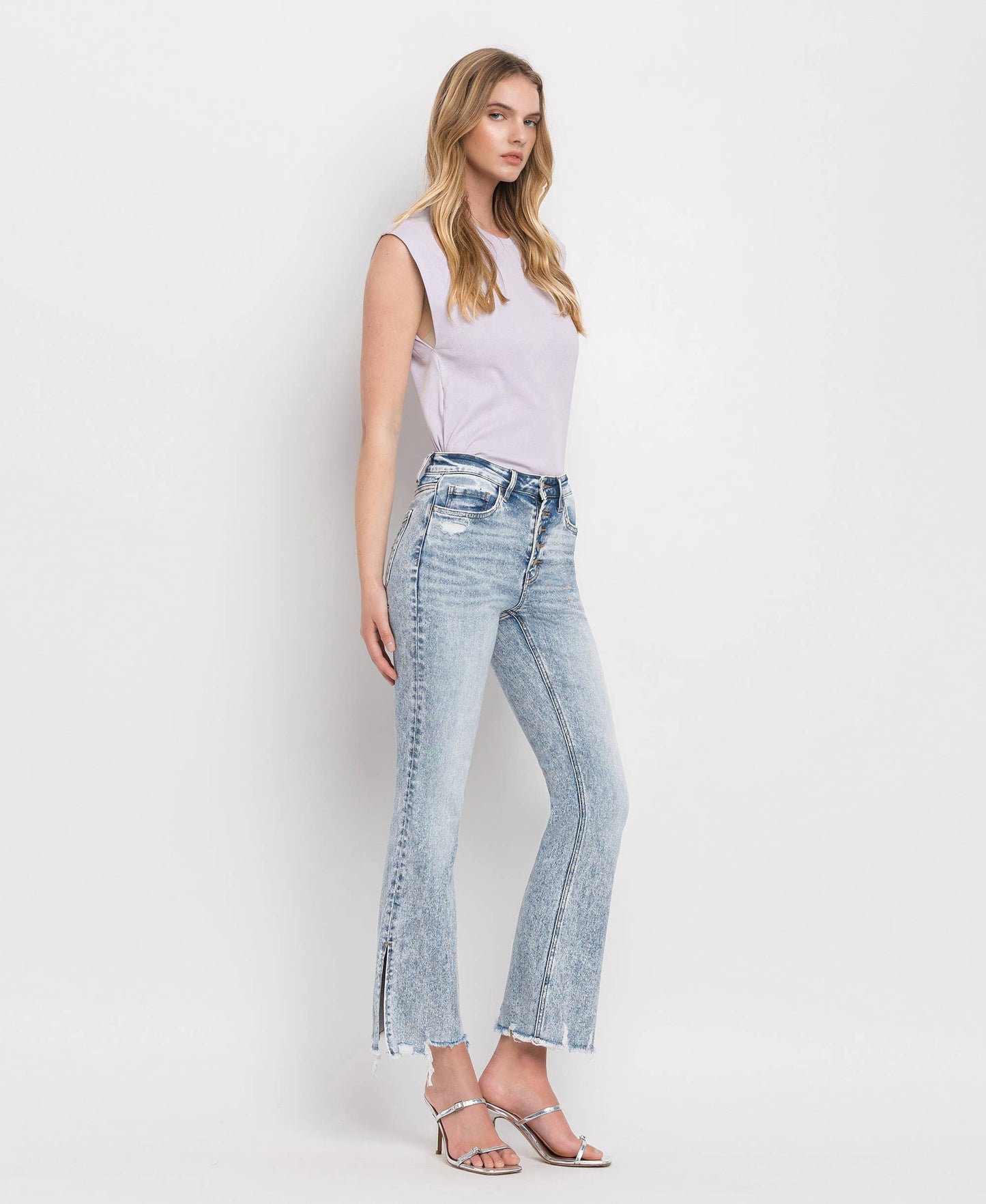 Blue High Rise Side Slit Crop Flare Jeans