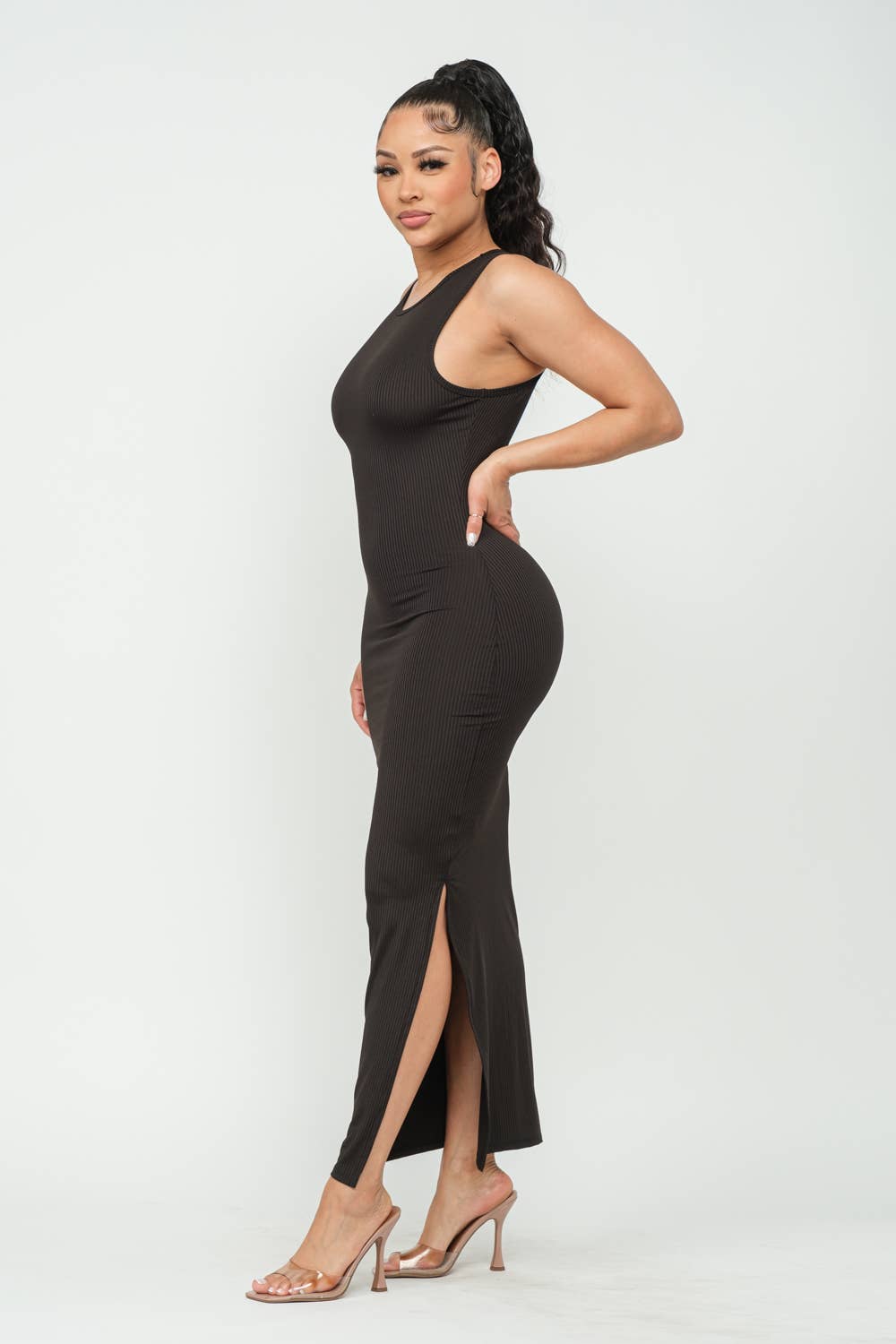 Black Rib Side Slit Bodycon Maxi Dress