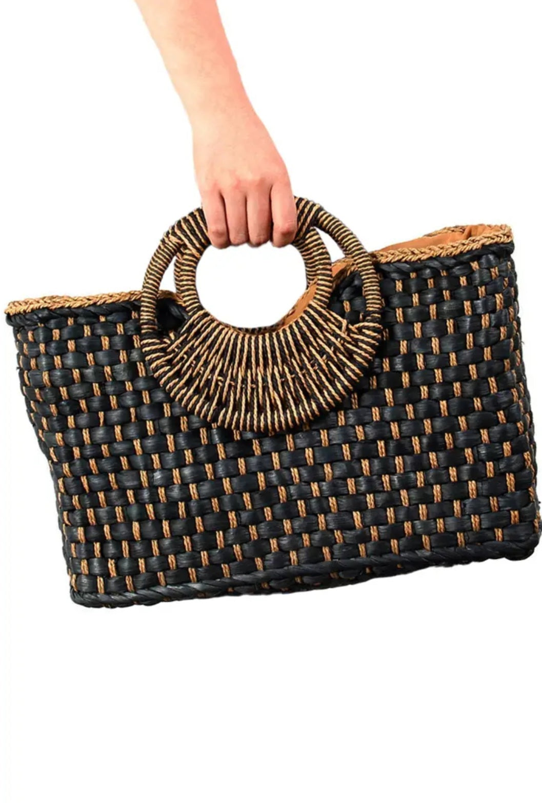 Black Taupe Basket Weave Rectangle Tote Bag