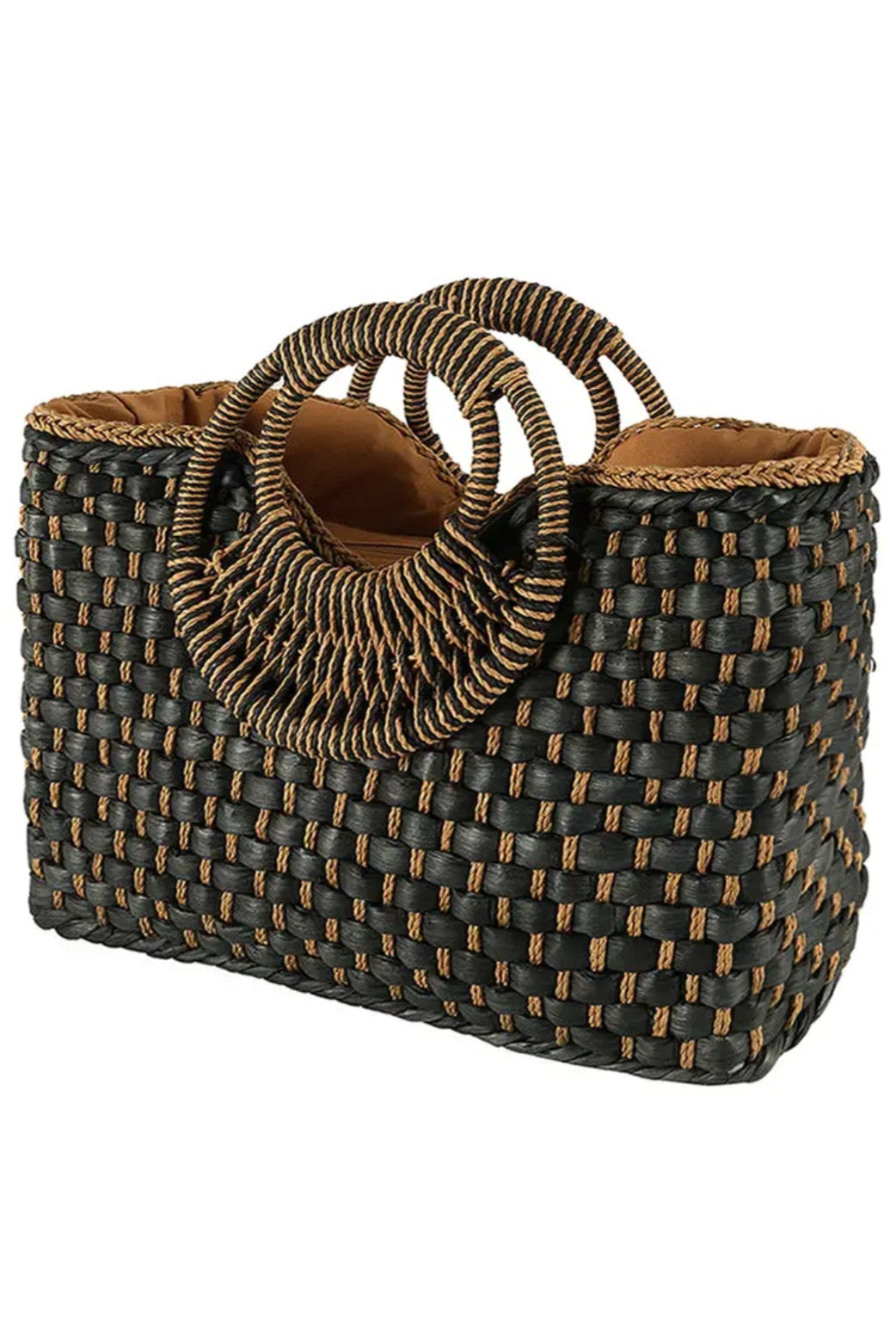 Black Taupe Basket Weave Rectangle Tote Bag