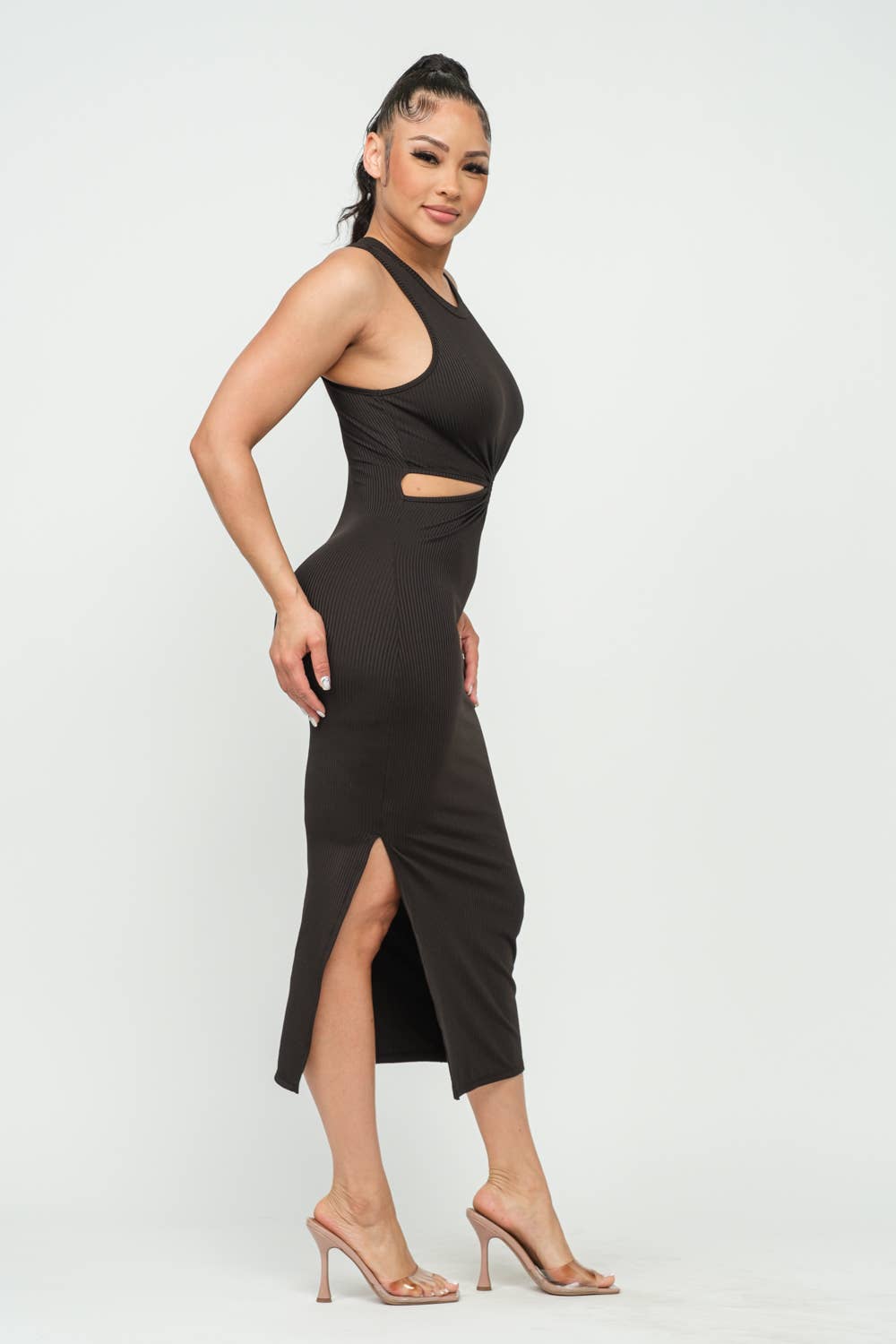 Black Front O-Ring Cut Out Side Slit Maxi Dress