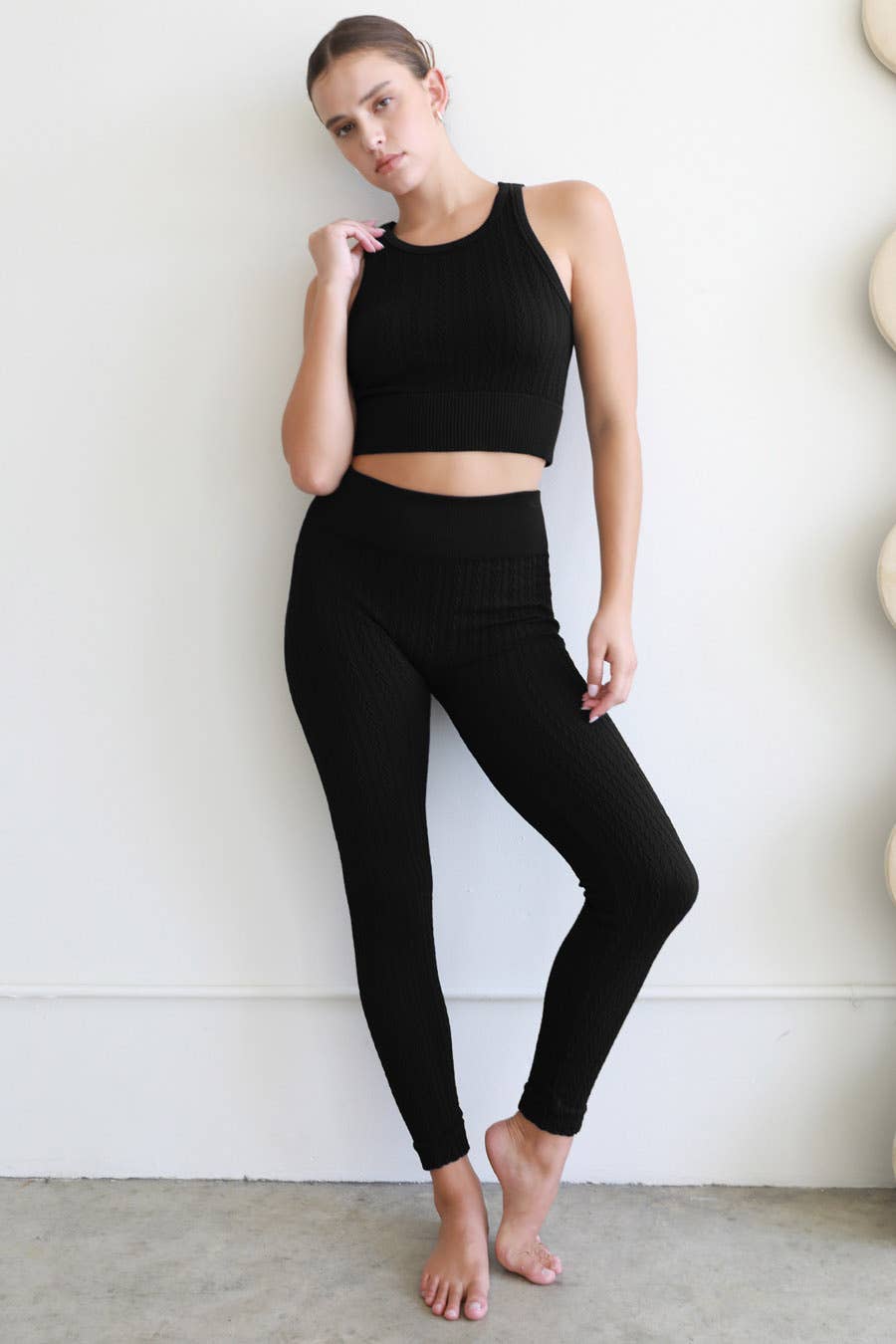 Black Cable Knit Activewear High Waist Leggings