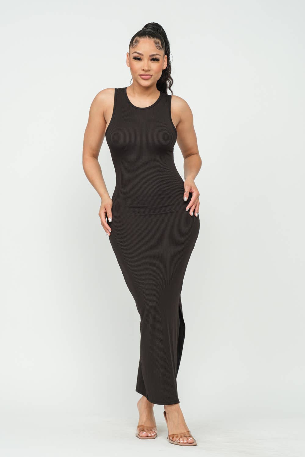 Black Rib Side Slit Bodycon Maxi Dress