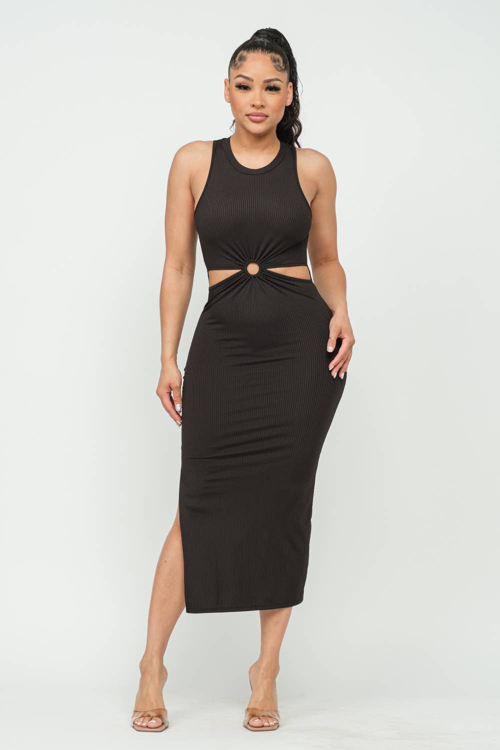 Black Front O-Ring Cut Out Side Slit Maxi Dress