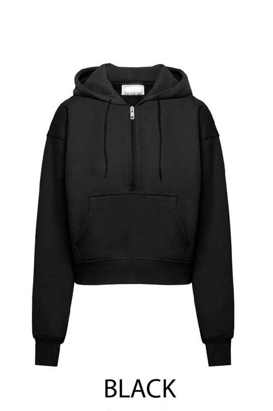 Black Kangaroo Pocket Terrycloth Half Zip Up Hoodie
