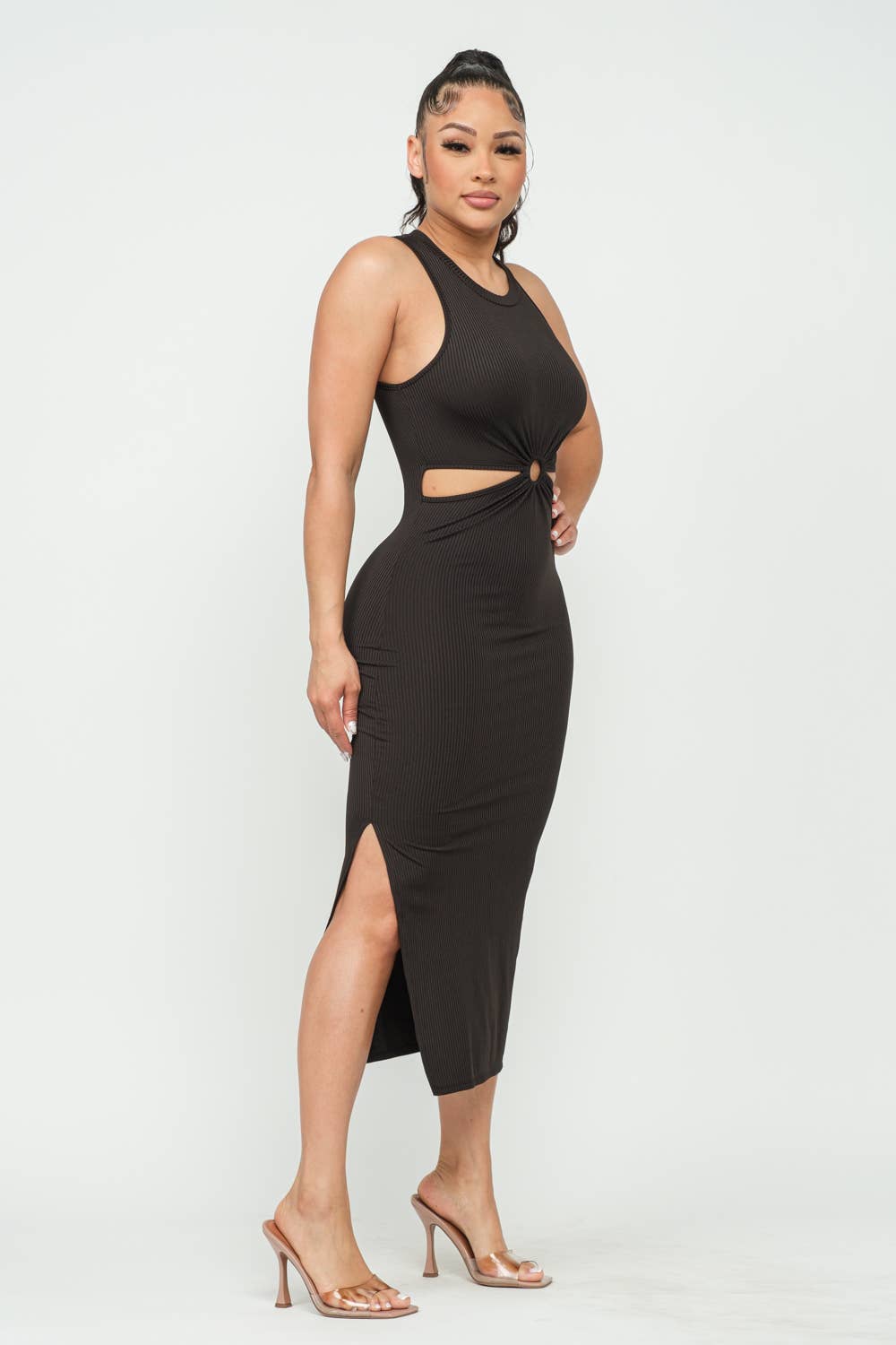 Black Front O-Ring Cut Out Side Slit Maxi Dress