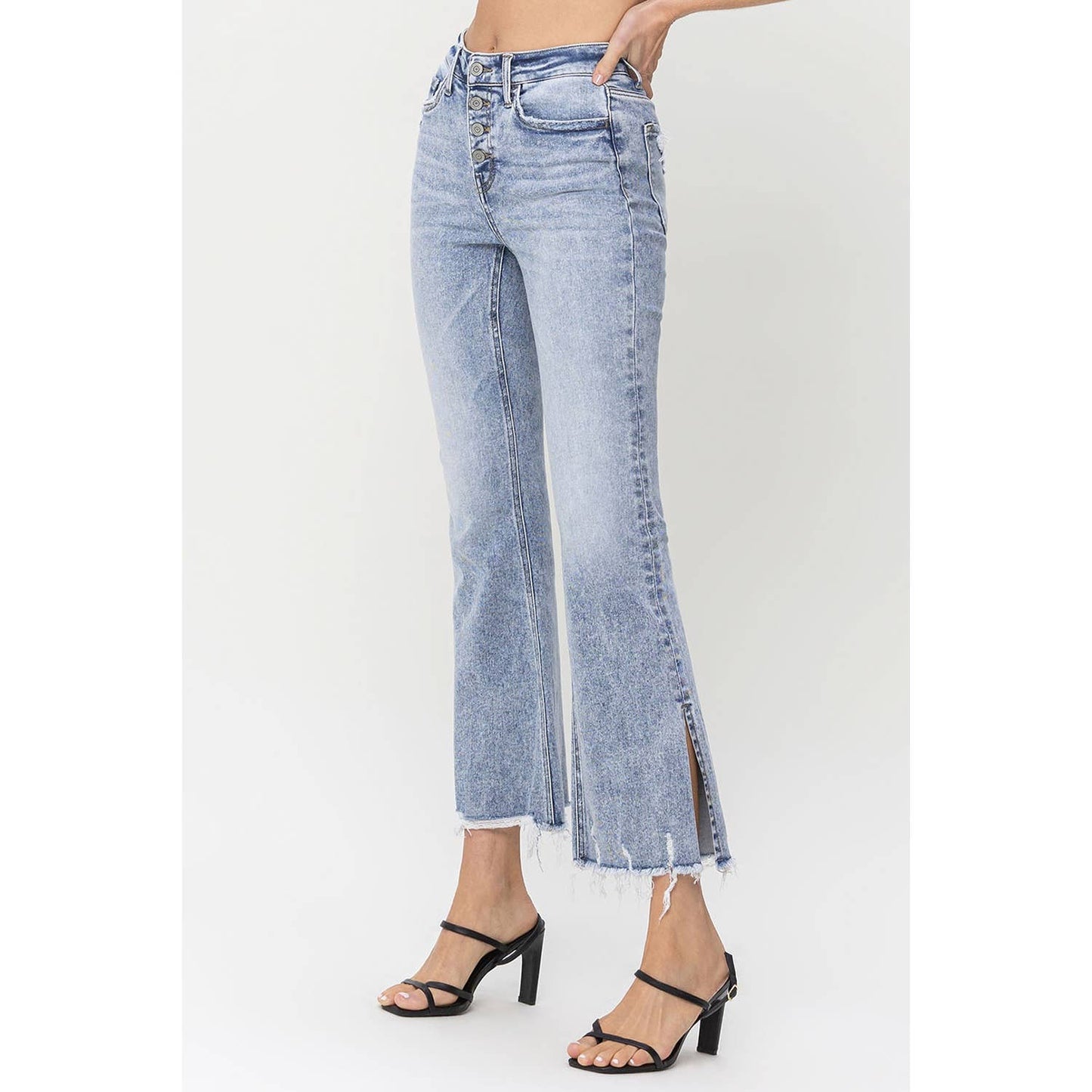 Blue High Rise Side Slit Crop Flare Jeans