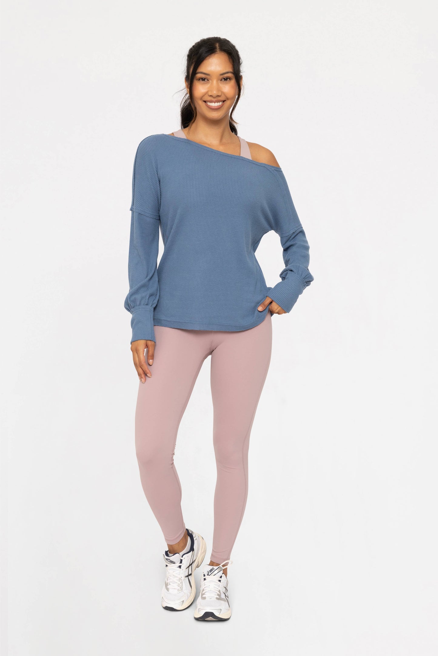 Wash Denim Ribbed Off-Shoulder Top