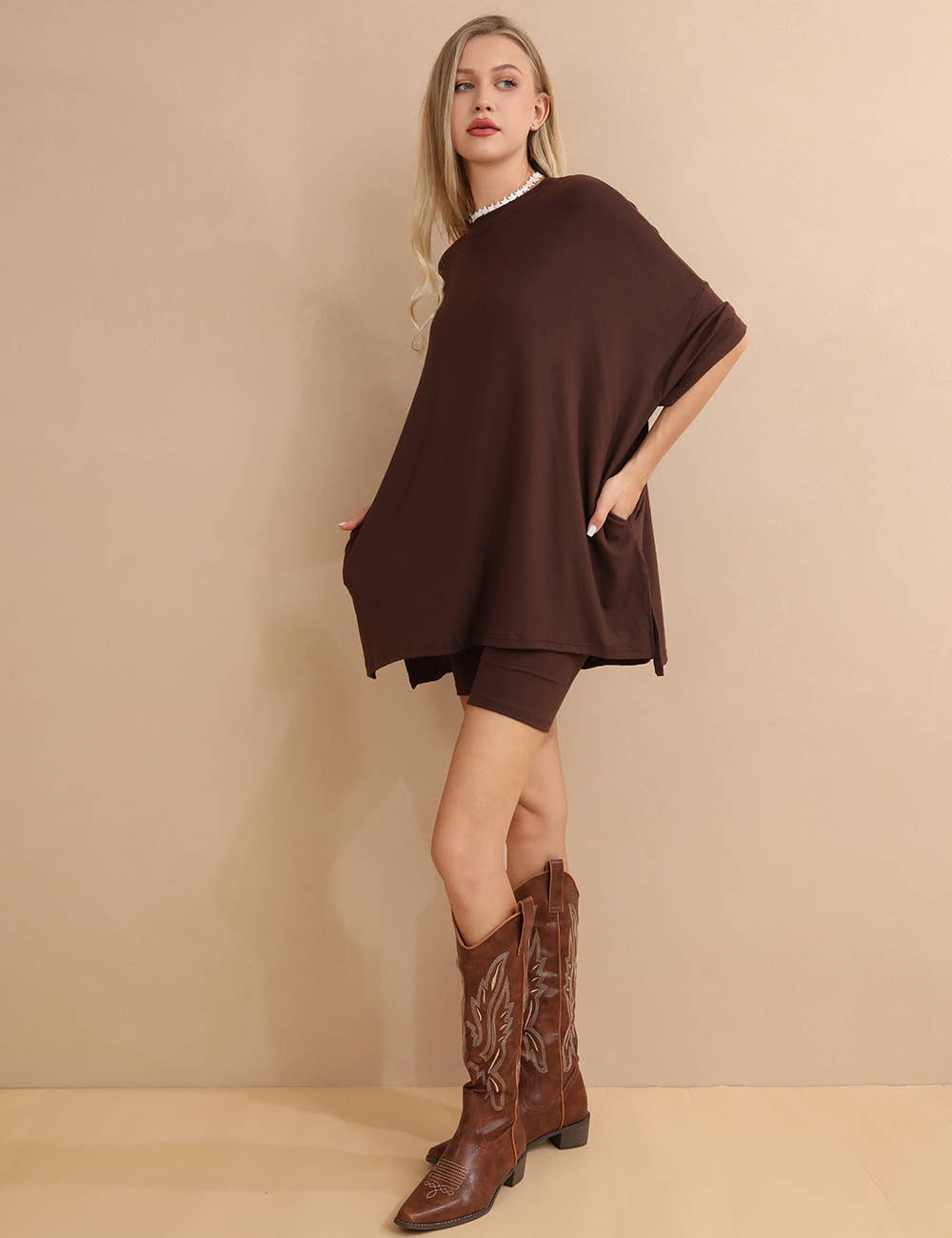 Chocolate Brown Dolman Sleeve Two-Piece Biker Short Set