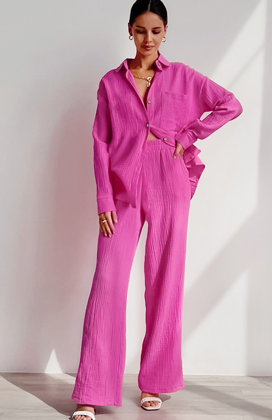 Hot Pink Cotton Two Piece Pant Set